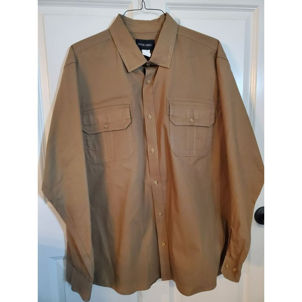 Stone Creek Dress shirt button up w/pockets and long sleeves tan/brown XL